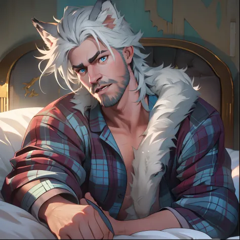 athletic Male with light beard, has flowing white hair, has wolf ears, has wolf tail, shirtless, playful, solo, alone, has goofy...