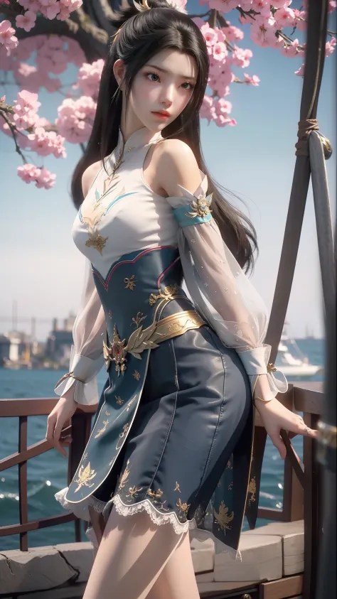 Close-up of a woman in a short skirt standing on a boat, Extremely detailed Artgerm, Range Murata and Artgerm, Style Artgerm, ar...