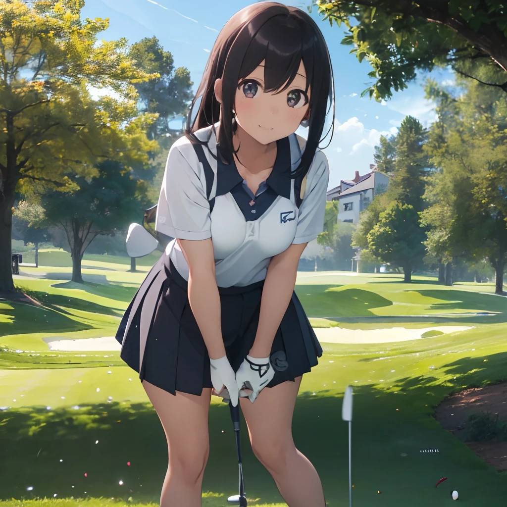 masutepiece, Best Quality, 8K_Wallpaper, (Beautiful eyes), ((Cute)), Cute, (lovely), (Golf course on a sunny day),1girl in,small tits,1 schoolgirl,Standing Girl,Smile,facial close-up、portlate(((Playing golf)))、(((I am attempting to make a putting shot and sink it into the cup)))、((Golf Wear))、