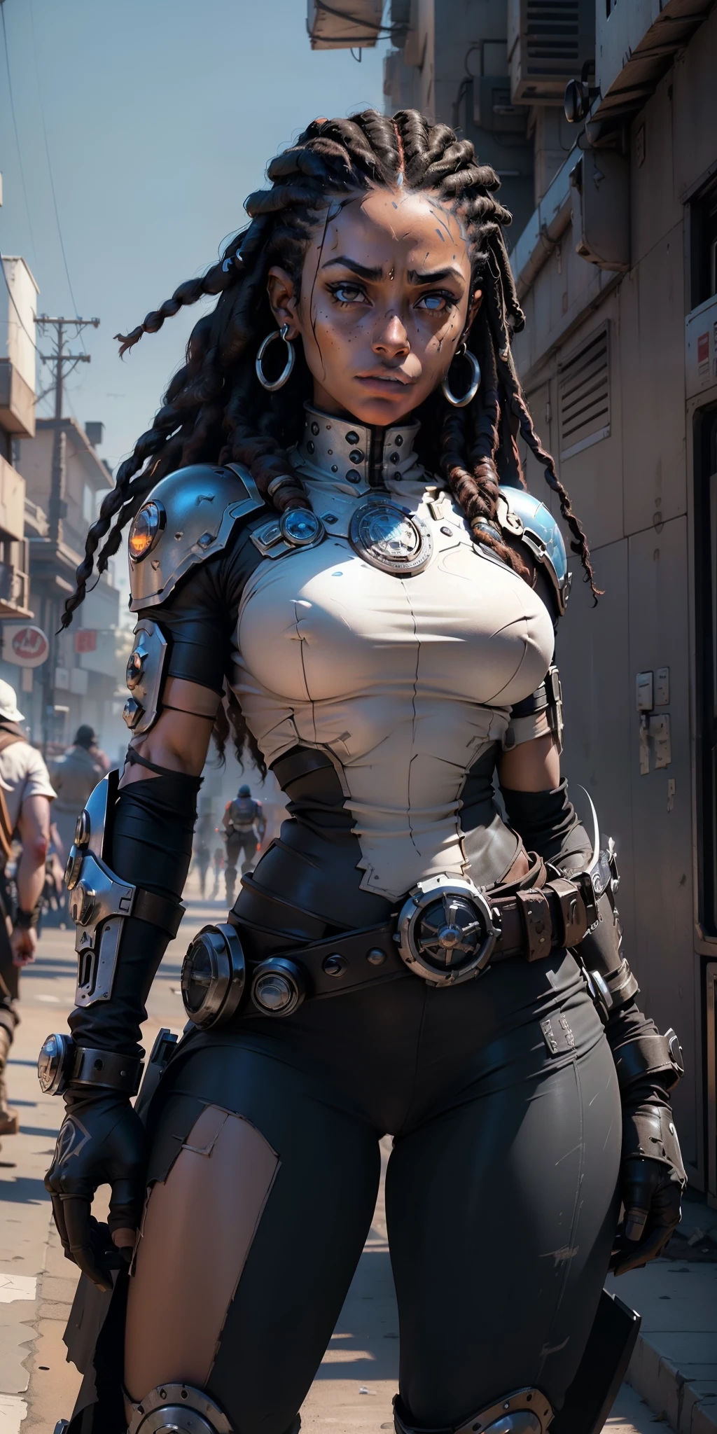 (((NSFW, dibujo lineal, dibujo acuarela, mejor calidad, ultra detallado, parte maestra, 1 mujer negra de 21 años, piel negra, cuerpo entero, cuerpo magro, Gears of War estilo sci-fi NSFW caça))), ((1 mujer negra de 21 años, piel negra, pelo rasta, hermoso rostro, cara bien diseñada, simétricoal face, manos detalladas, manos bien dibujadas, simétrico eyes, cuerpo magro: 1.2, soldado de ciencia ficción, Uso de NSFW Armor Sci-Fi, cuerpo magro, cuerpo entero)), pose dinámica, Pose de combate, Motor Ureal 5, 8k, Drama en vivo, Paisaje urbano apocalíptico, proporcional, simétrico, proporción áurea, estación de arte, Pillo, Pose de combate dinámica, steampunk