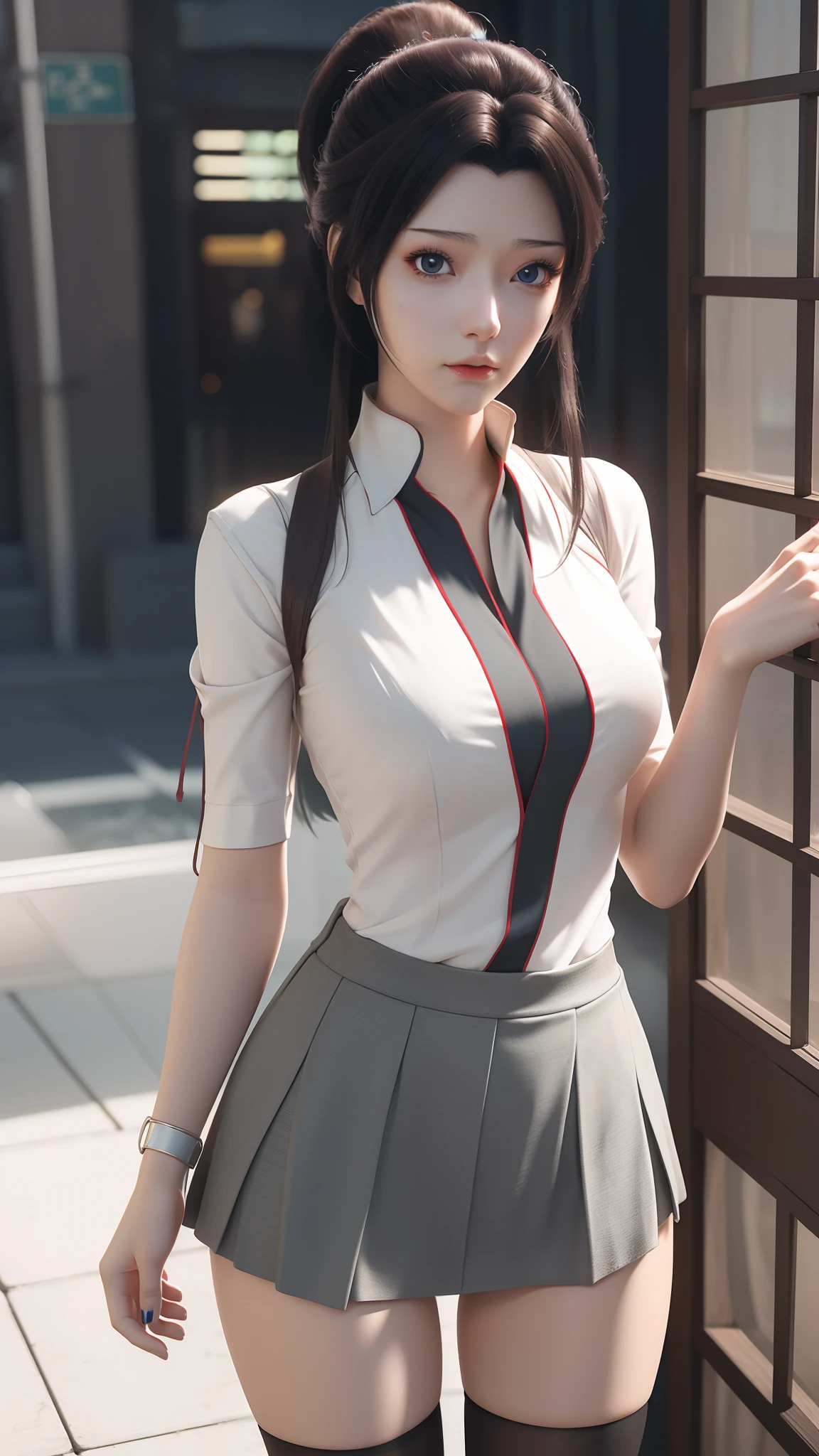 anime - style image of a woman in a short skirt and shirt, seductive anime girls, Smooth anime CG art, Surrealism female students, Surrealism female students, thighhighs and skirt, photorealistic anime girl rendering, beautiful and seductive anime woman, Realistic , Realistic anime 3 D style, 3 d anime realistic, Beautiful Anime High School Girls