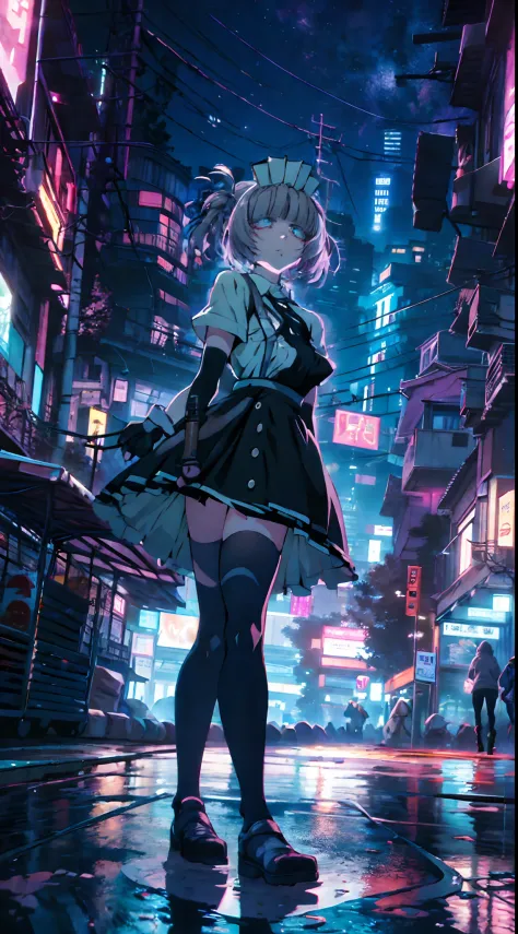 night, colorful cyberpunk city background, rain, street, maid girl, Nazuna Nanakusa,yofukashi no uta, blue eyes, shining eyes, b...