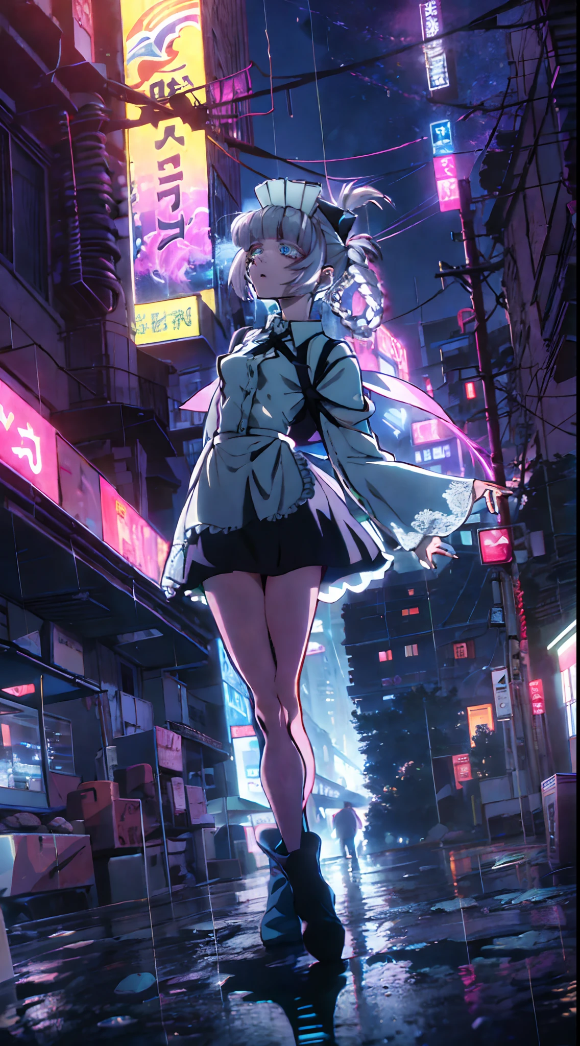 Nacht, bunter Cyberpunk-Stadthintergrund, Regen, Straße, Dienstmädchen, Nazuna Nanakusa,Yofukashi no uta, blaue Augen, leuchtende Augen, schwarze Strümpfe, Hintergrundbeleuchtung, Glühen, Blick nach oben Publikum, Niedrigwinkelobjektiv, nach oben schauende Linse, perfekte Komposition, perfekte Licht- und Schatten-Delikatesse, 8k