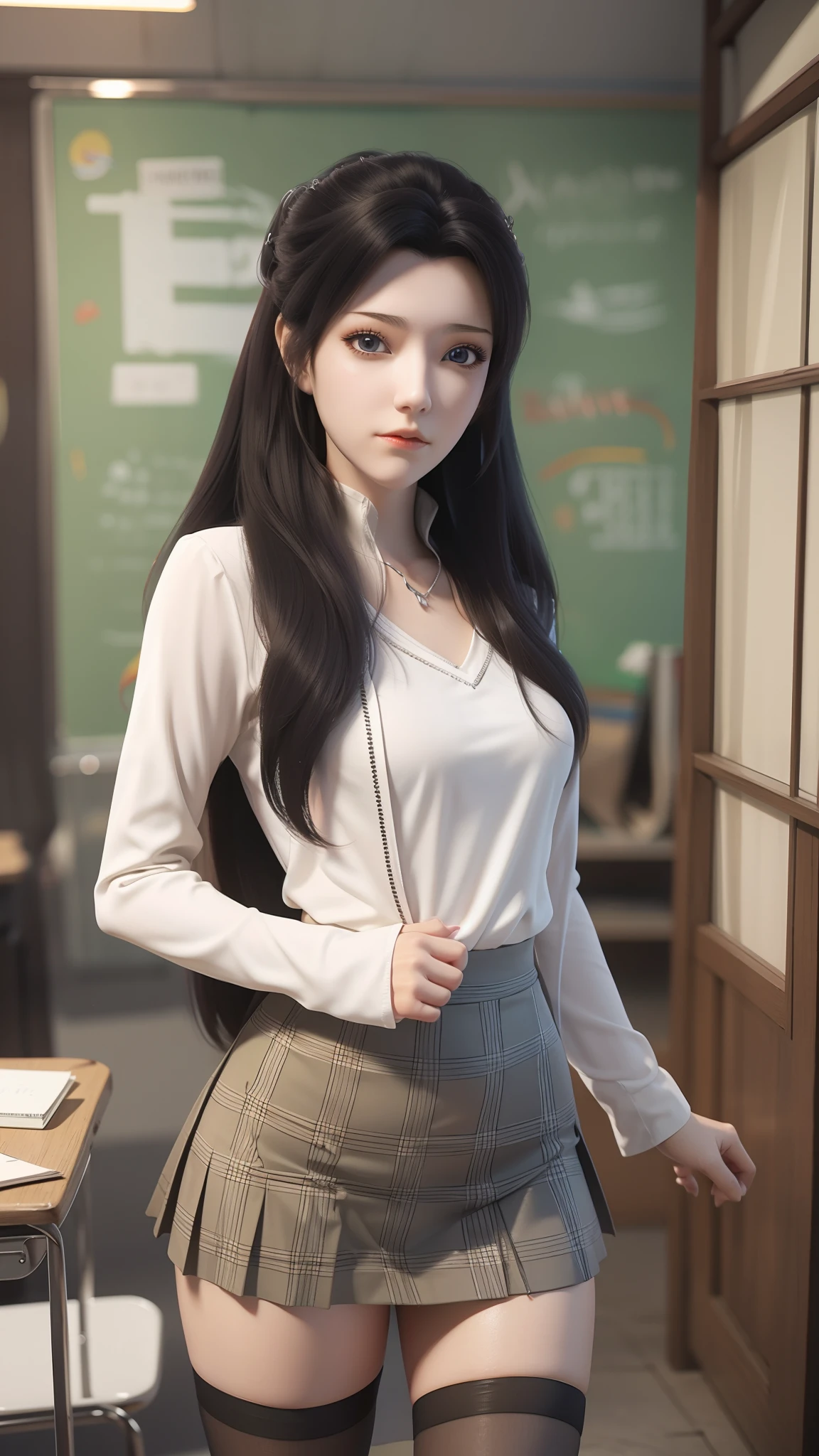 Arad woman poses for a photo in a short skirt and white shirt, Surrealism female students, Surrealism female students, Realistic , photorealistic anime girl rendering, thighhighs and skirt, 3 d anime realistic, small curvaceous , wearing skirt and high socks, Photorealistic anime, cute female student, Realistic anime 3 D style, Female Student
