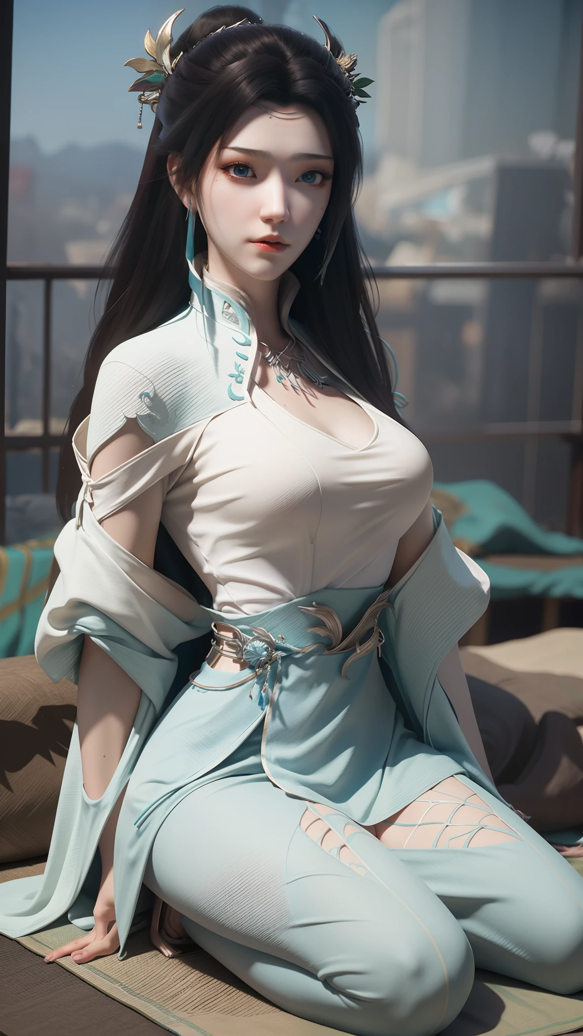 Kneel on the blanket, concept-art：Hero, Trend of CGsociety, Fantasy art, Guviz-style artwork, Guviz, Smooth anime CG art, Keqing from Genshin Impact, Ruan Jia and Artgerm, full-body xianxia, A flowing translucent magic robe