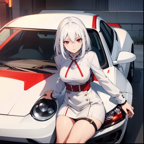 Anime girl, white hair, sitting on car, red eyes