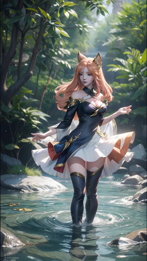 Arapei in a dress stands in the water, Anime girl walking on water, closeup fantasy with water magic, azur lane style, trending on cgstation, Anime girl cosplay, seraphine ahri kda, Splash art anime Loli, trending at cgstation, realistic water, water fairy...