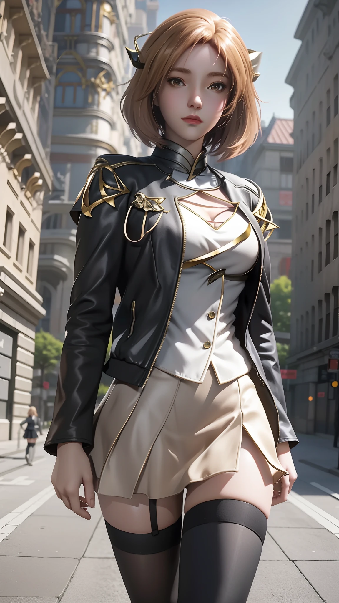 There is a woman in a short skirt and jacket posing for a photo, Surrealism female students, Surrealism female students, Realistic schoolgirl, photorealistic anime girl rendering, small curvaceous loli, thighhighs and skirt, 3 d anime realistic, highly detailed giantess shot, Photorealistic anime, photorealistic full body, [ 4 K photorealism ]!!