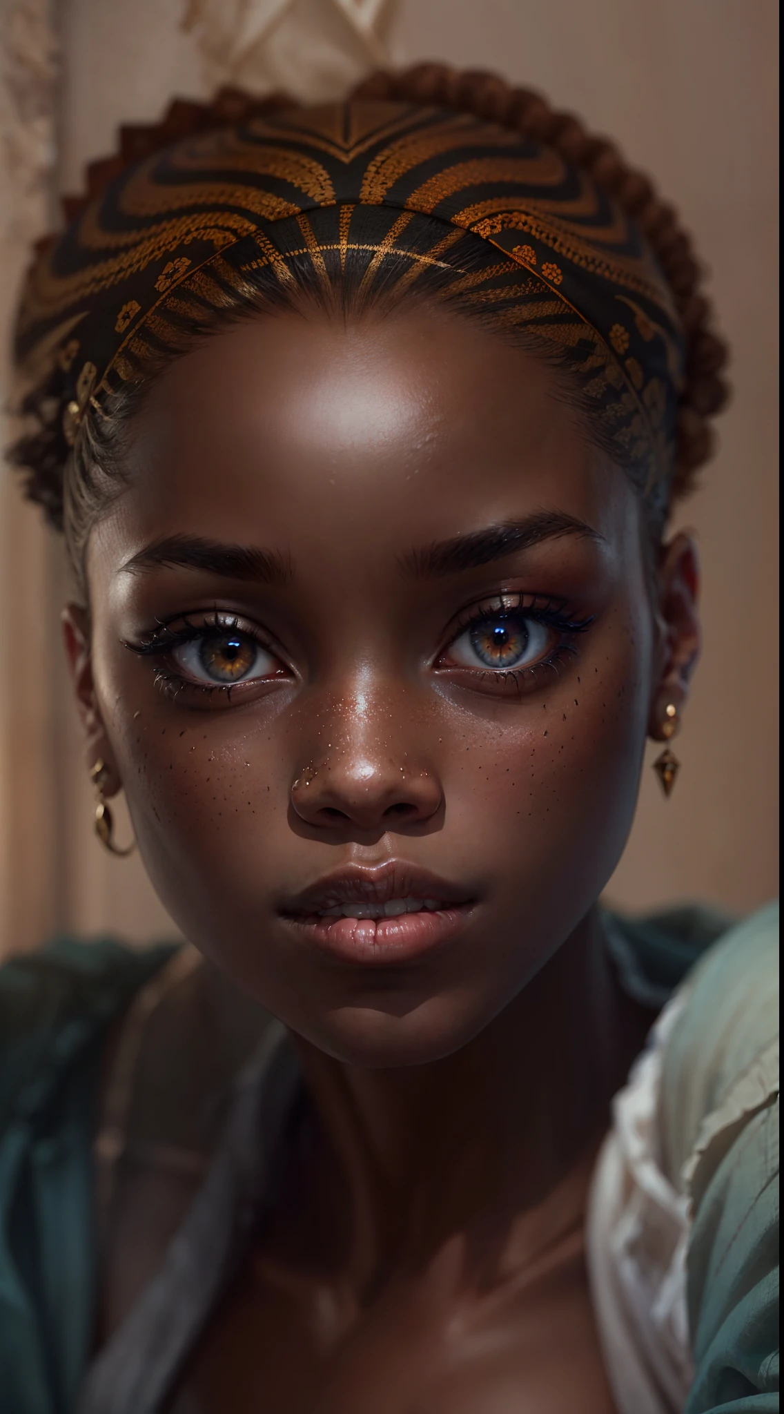 An exquisite portrait of a Black African woman with deep ebony skin, the photograph captured in stunning 8k resolution and raw format to preserve the highest quality of details. The woman's beauty is undeniable, her face commanding the frame in a close-up shot that reveals the intricate details of her eyes. She wears a dress that complements her radiant skin, and her eyes are portrayed with meticulous attention to detail, showcasing the captivating depth within. The photograph is taken with a lens that emphasizes the defiance in her gaze, and the backdrop is a dark studio setting that enhances the muted colors of the scene. The lighting and shadows are expertly crafted to bring out the richness of her skin tone and the subtle nuances of her features. Her ginger hair, with its distinct hue, adds a touch of warmth and contrast against her ebony skin. The interior setting adds a sense of intimacy, while the freckles on her skin tell their own story. The overall composition captures her essence with authenticity and grace, creating a portrait that is a celebration of her heritage and beauty. Photography by defiance512, utilizing the best techniques for shadow and lighting, to create a mesmerizing portrayal that transcends the visual.