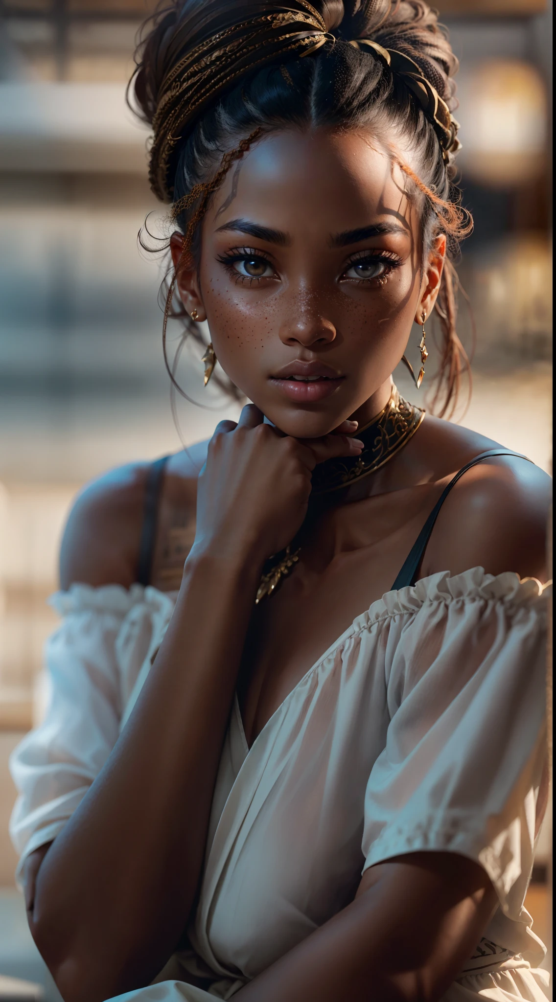 An exquisite portrait of a Black African woman with deep ebony skin, the photograph captured in stunning 8k resolution and raw format to preserve the highest quality of details. The woman's beauty is undeniable, her face commanding the frame in a close-up shot that reveals the intricate details of her eyes. She wears a dress that complements her radiant skin, and her eyes are portrayed with meticulous attention to detail, showcasing the captivating depth within. The photograph is taken with a lens that emphasizes the defiance in her gaze, and the backdrop is a dark studio setting that enhances the muted colors of the scene. The lighting and shadows are expertly crafted to bring out the richness of her skin tone and the subtle nuances of her features. Her ginger hair, with its distinct hue, adds a touch of warmth and contrast against her ebony skin. The interior setting adds a sense of intimacy, while the freckles on her skin tell their own story. The overall composition captures her essence with authenticity and grace, creating a portrait that is a celebration of her heritage and beauty. Photography by defiance512, utilizing the best techniques for shadow and lighting, to create a mesmerizing portrayal that transcends the visual.