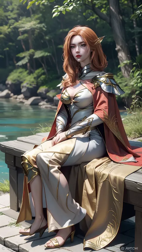 the araved woman in a dress sits on a red bench by the water, a photorealistic painting inspired by magali villeneuve, cgsociety...