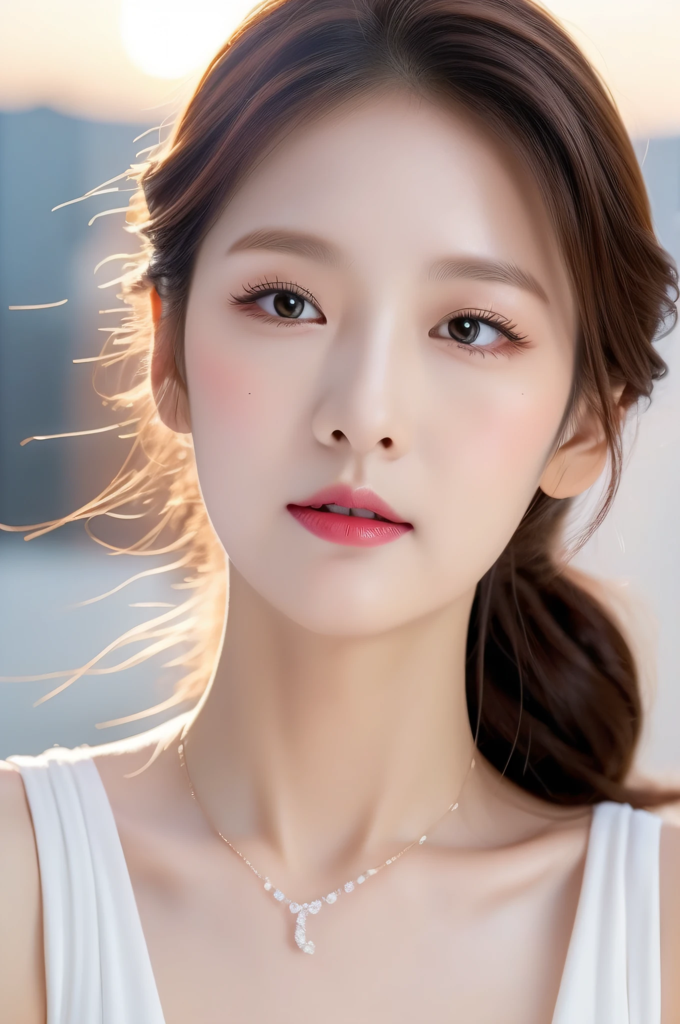 um close de uma mulher com um colar no pescoço, rosto coreano adorável e pálido, características do rosto coreano, belo rosto estético, com lindos olhos apaixonados, maquiagem sul-coreana popular, jovem adorável rosto coreano, lindo rosto delicado, jovem rosto asiático pálido e bonito, com rosto redondo, unidade cg (extremo) detalhe 8k papel de parede, Obra de arte, melhor qualidade:1.2), Alto detalhe, Melhor qualidade de imagem, Surreal, batons, beleza incomparável, cabelo longo (violet) Cabelo encaracolado, características faciais requintadas e perfeitas, Ficar com o rosto vermelho, figura deslumbrante do corpo, seios médios, à moda, cintura fina, estrutura facial e da pele muito detalhada, pele clara, detalhes faciais harmoniosos, pele clara, Palpebras duplas, um rabo de cavalo e um vestido branco, lindos olhos redondos e inclinados, lindo rosto natural, olhos redondos e bem desenhados, cara clara e fofa, lindos olhos grandes realistas, olhos brilhantes, olhos comoventes, lindos olhos, Palpebras duplas, Maquiagem Suave, Aproxime-se do espectador, ângulo da câmera, ângulo dinâmico, Pôr-do-sol na cidade