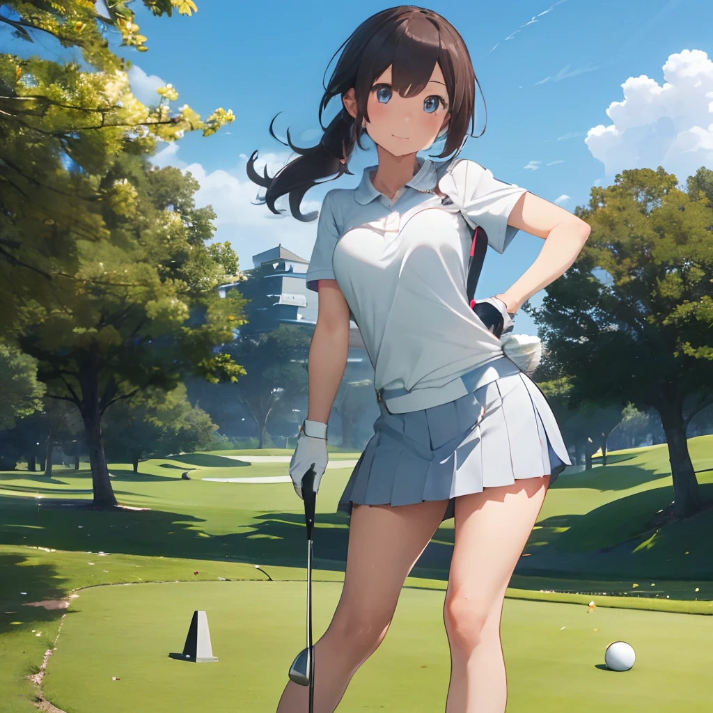 masutepiece, Best Quality, 8K_Wallpaper, (Beautiful eyes), ((Cute)), Cute, (lovely), (Golf course on a sunny day),1girl in,small tits,1 schoolgirl,Standing Girl,Smile,facial close-up、portlate(((Playing golf)))、(((putting shot，into the cup)))、((Golf Wear))、