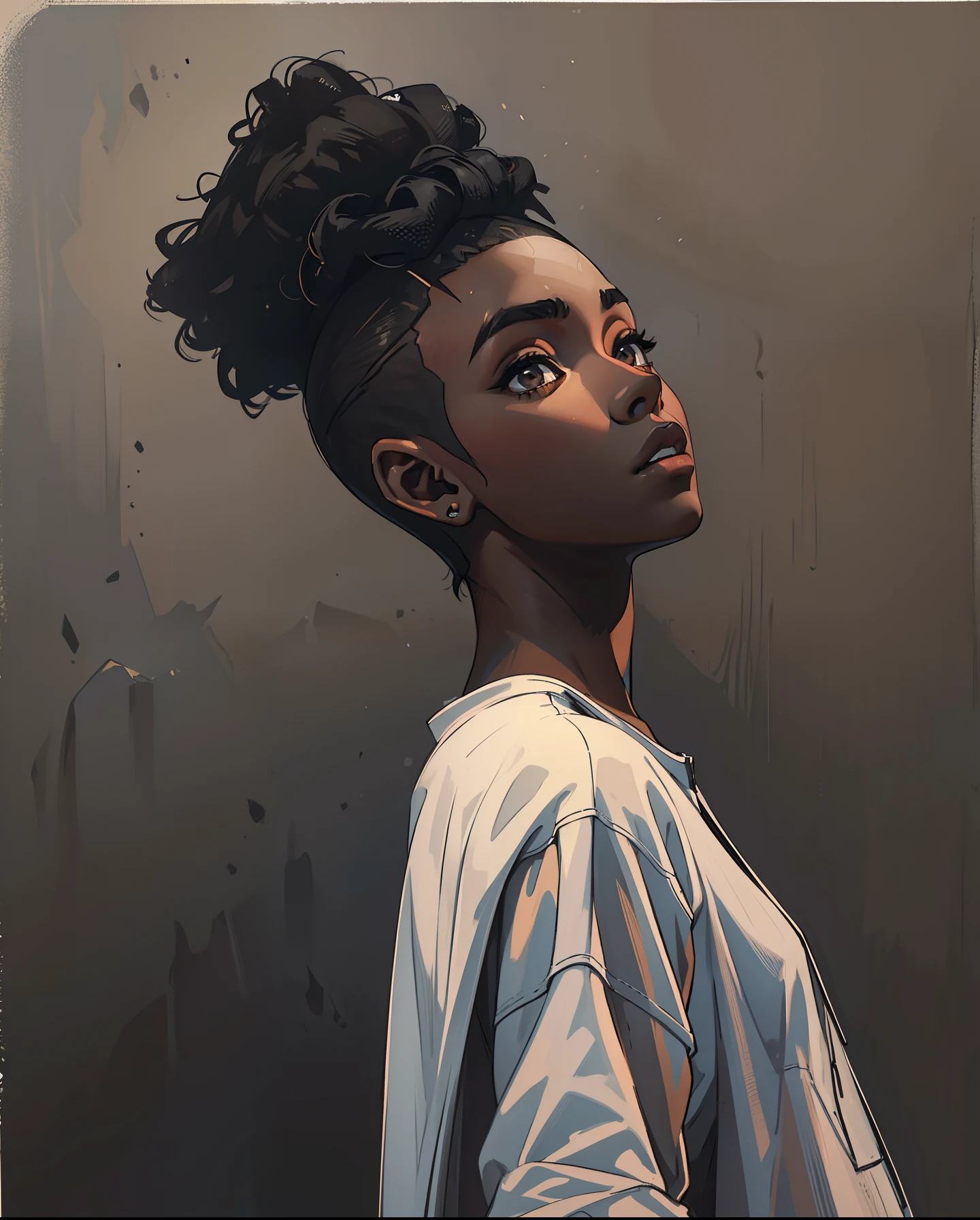 "a 20 yo woman, black skin, (hi-top fade:1.3), dark theme, soothing tones, muted colors, high contrast, (natural skin texture, hyperrealism, soft light, sharp)"