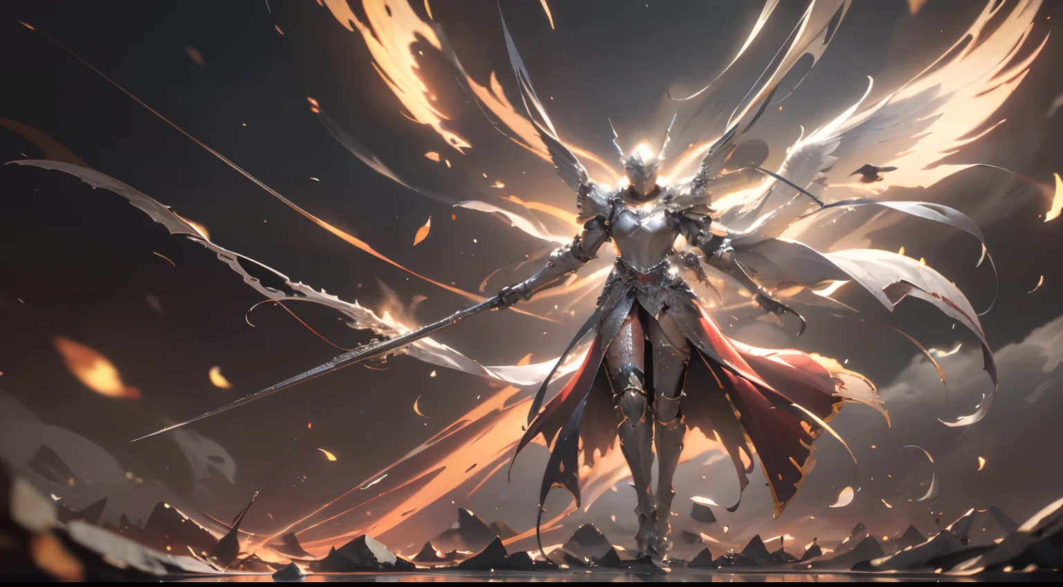 Cover of pure white Holy Spirit Archangel Valkyrie armor, red cape swaying in the wind, battle stance diagram, helmet covering eyes, mechanical six-winged holy light wings, fluttering effect, realistic effect, radiation, close-up, 3D, chiaroscuro, luminescence, ray tracing, reflected light, masterpiece, UHD, award-winning, high resolution, highest definition and clarity, panorama