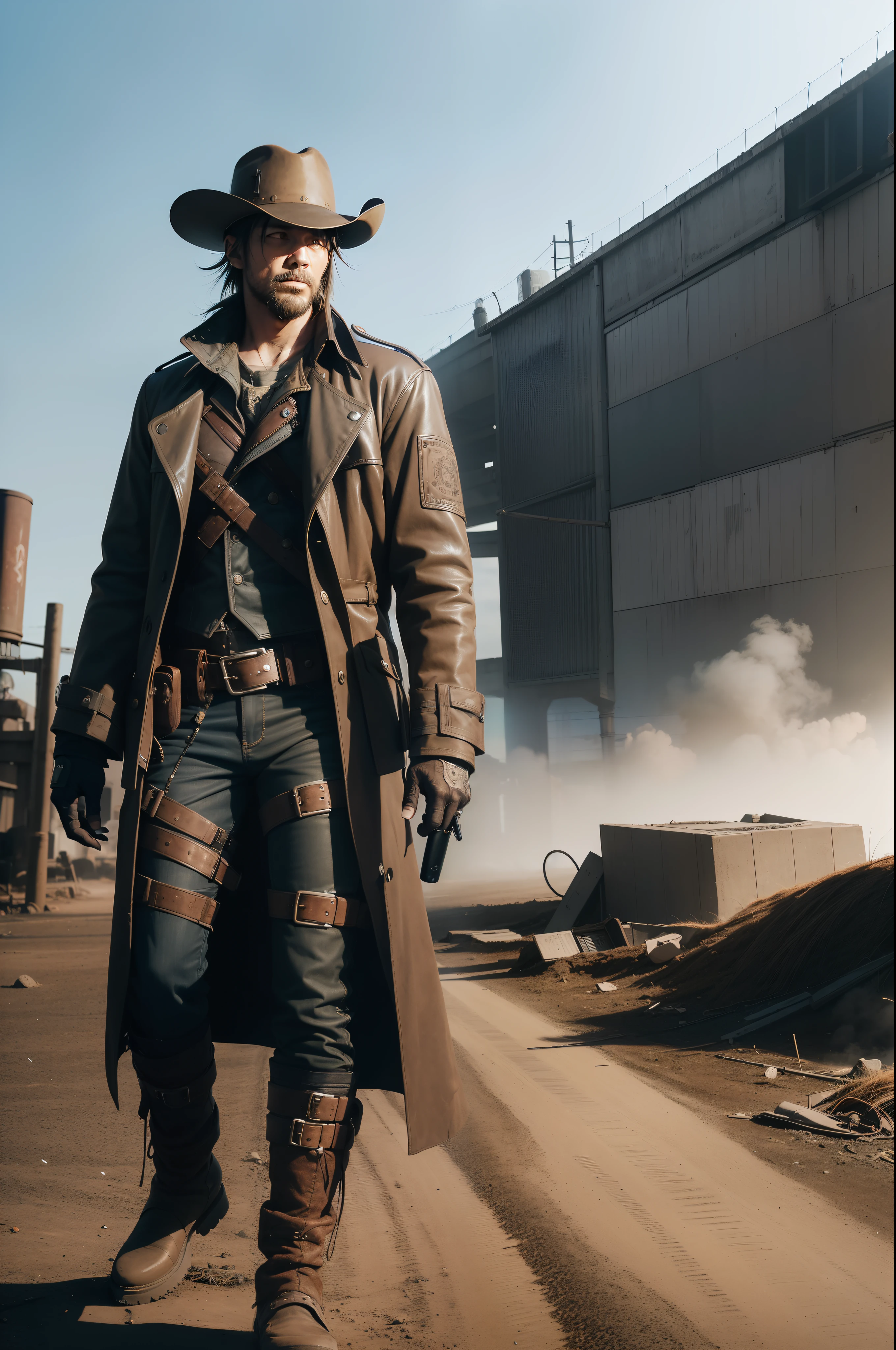 il y a un homme avec un chapeau et un trench-coat, in a Post-apocalyptique setting, cyberpunk japonais Far West, post - cowboy apocalyptique, Post-apocalyptique explorer, Post-apocalyptique japanese western style, tenue de style cyberpunk, Post-apocalyptique, prise de vue cinématographique de tout le corps, Post-apocalyptique attire, Steampunk occidental