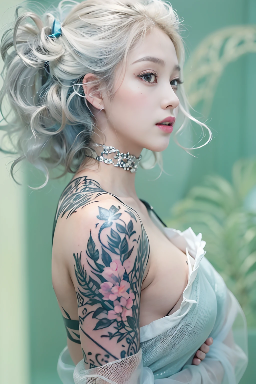 (Gorgeous atmosphere based on white)、​masterpiece、solo、A highly detailed、Ultra-detailed、超A high resolution、Photorealsitic、Crystal clear white skin、((Blouse made of transparent light fabric、pale blue shirt with wide open chest、 areola is see-through、Black tattoo from neck to shoulder　Black tattoo in the center of the chest　Bold tattoos on both arms))、full body Esbian、curlyhair、length hair、lightbrown hair、Elaborate face、Best Beautiful Girl、Refreshing look、a baby face、noble、refinement、Thin laughter、((Real Art、inside in room、lyin in bed、View here、childish))