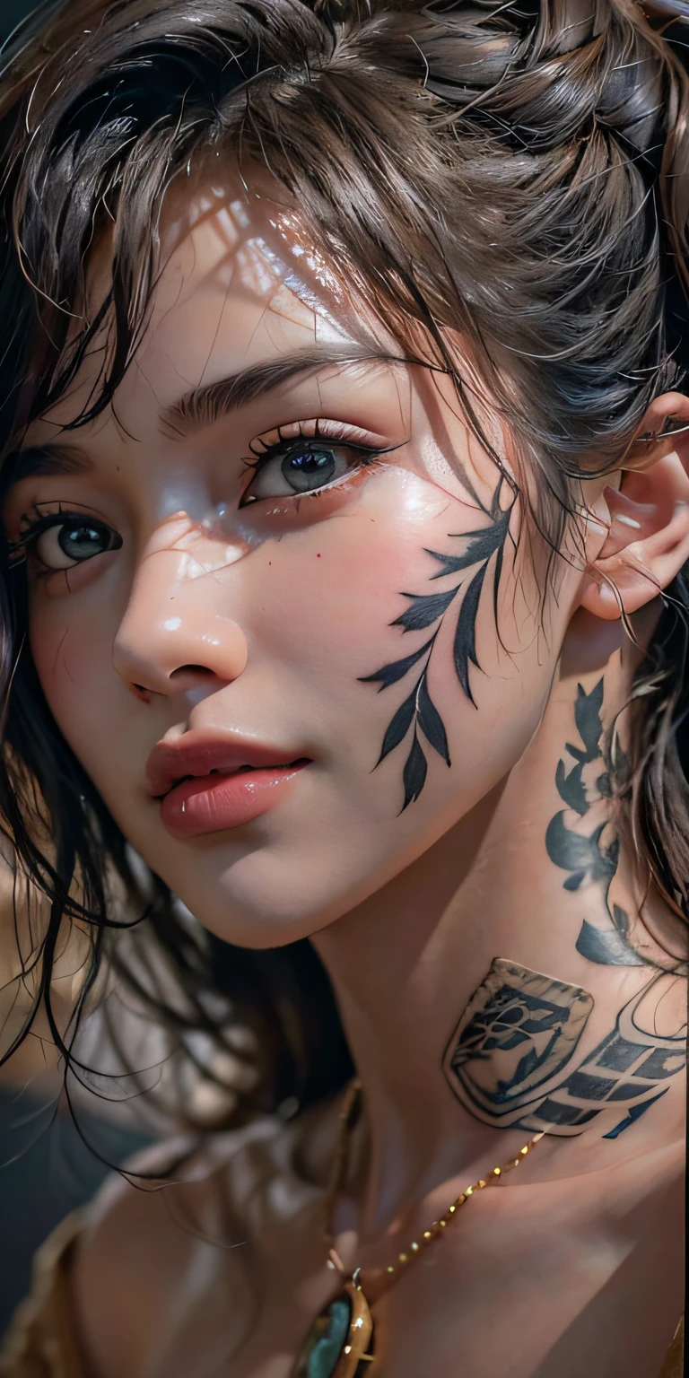 Photorealistic, high resolution, Soft light,1womanl, Solo, Hips up, (Detailed face),tattoo, jewelry, t-shirt with rough chest, Beautiful soldiers, Grab the audience's eye, Lover's perspective, Invitation expression, Sexy smile, Perfect style, Perfect balance, Detailed skin, mischievous gaze, chest visible