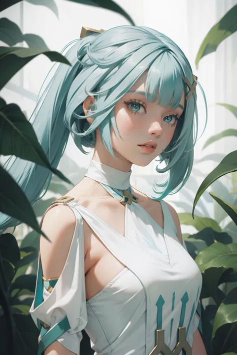 1 young woman solo, white dress, teal hair ponytails