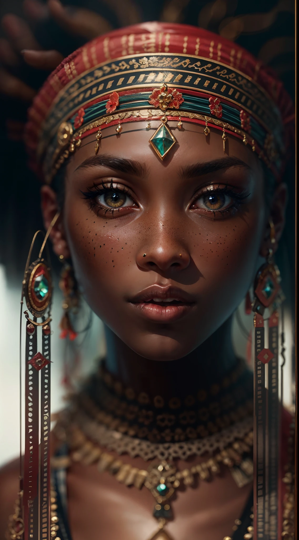 An exquisite portrait of a Black African men with deep ebony skin, the photograph captured in stunning 8k resolution and raw format to preserve the highest quality of details. The woman's beauty is undeniable, her face commanding the frame in a close-up shot that reveals the intricate details of her eyes. She wears a dress that complements her radiant skin, and her eyes are portrayed with meticulous attention to detail, showcasing the captivating depth within. The photograph is taken with a lens that emphasizes the defiance in her gaze, and the backdrop is a dark studio setting that enhances the muted colors of the scene. The lighting and shadows are expertly crafted to bring out the richness of her skin tone and the subtle nuances of her features. Her ginger hair, with its distinct hue, adds a touch of warmth and contrast against her ebony skin. The interior setting adds a sense of intimacy, while the freckles on her skin tell their own story. The overall composition captures her essence with authenticity and grace, creating a portrait that is a celebration of her heritage and beauty. Photography by defiance512, utilizing the best techniques for shadow and lighting, to create a mesmerizing portrayal that transcends the visual.