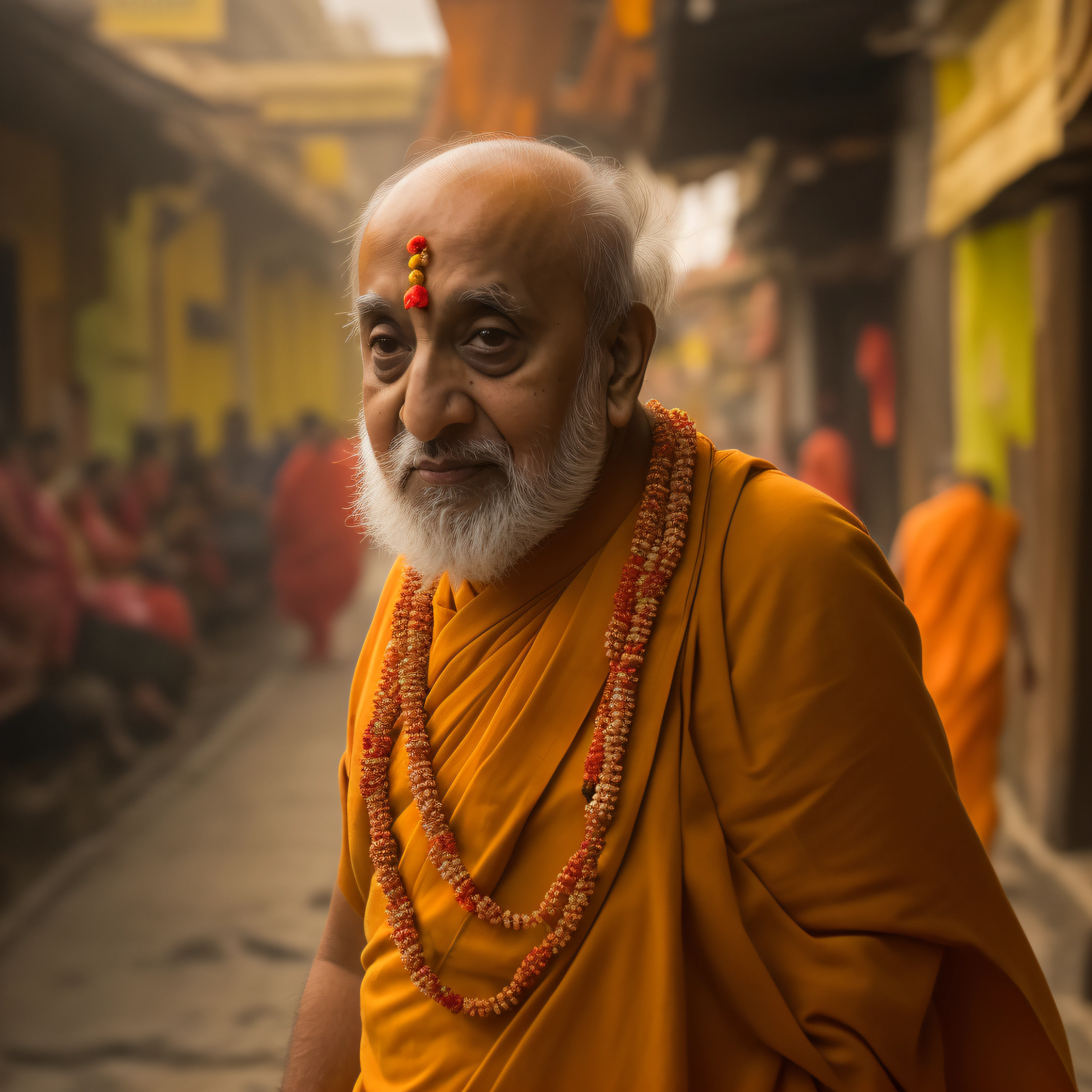 Pramukh Swami, cinematic portrait photo of a very interesting Pramukh Swami Wearing the saffron robes of a monk, Saffron clothes, Rudraksha beads, oblong water pot in hand (Kamandal), rudraksha in hand, walking in street of Banaras, eyes close up, highly detailed vfx portrait, taken with a full frame camera with a wild lens,