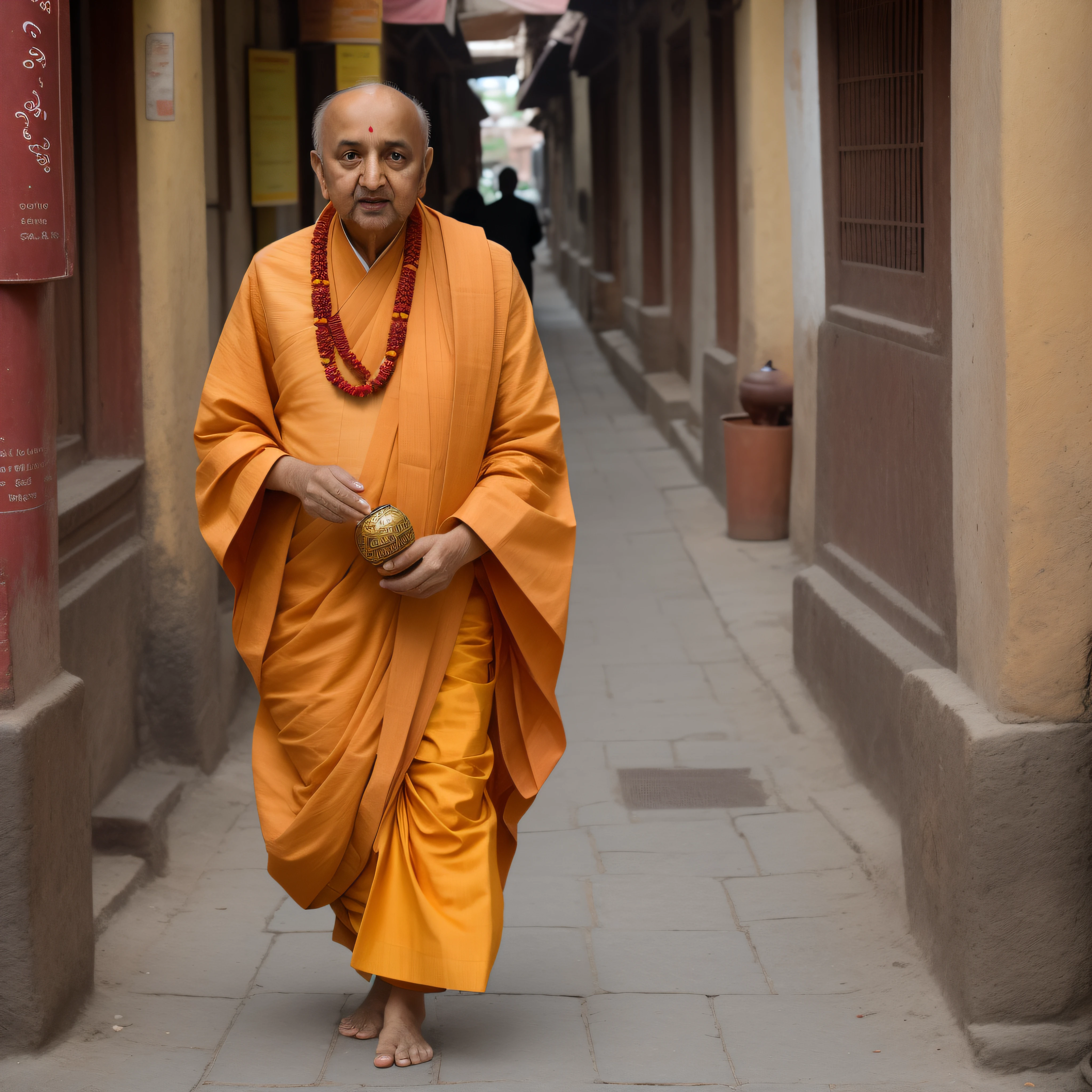 Pramukh Swami, cinematic portrait photo of a very interesting Pramukh Swami Wearing the saffron robes of a monk, Saffron clothes, Rudraksha beads, oblong water pot in hand (Kamandal), rudraksha in hand, walking in street of Banaras, eyes close up, highly detailed vfx portrait, taken with a full frame camera with a wild lens,