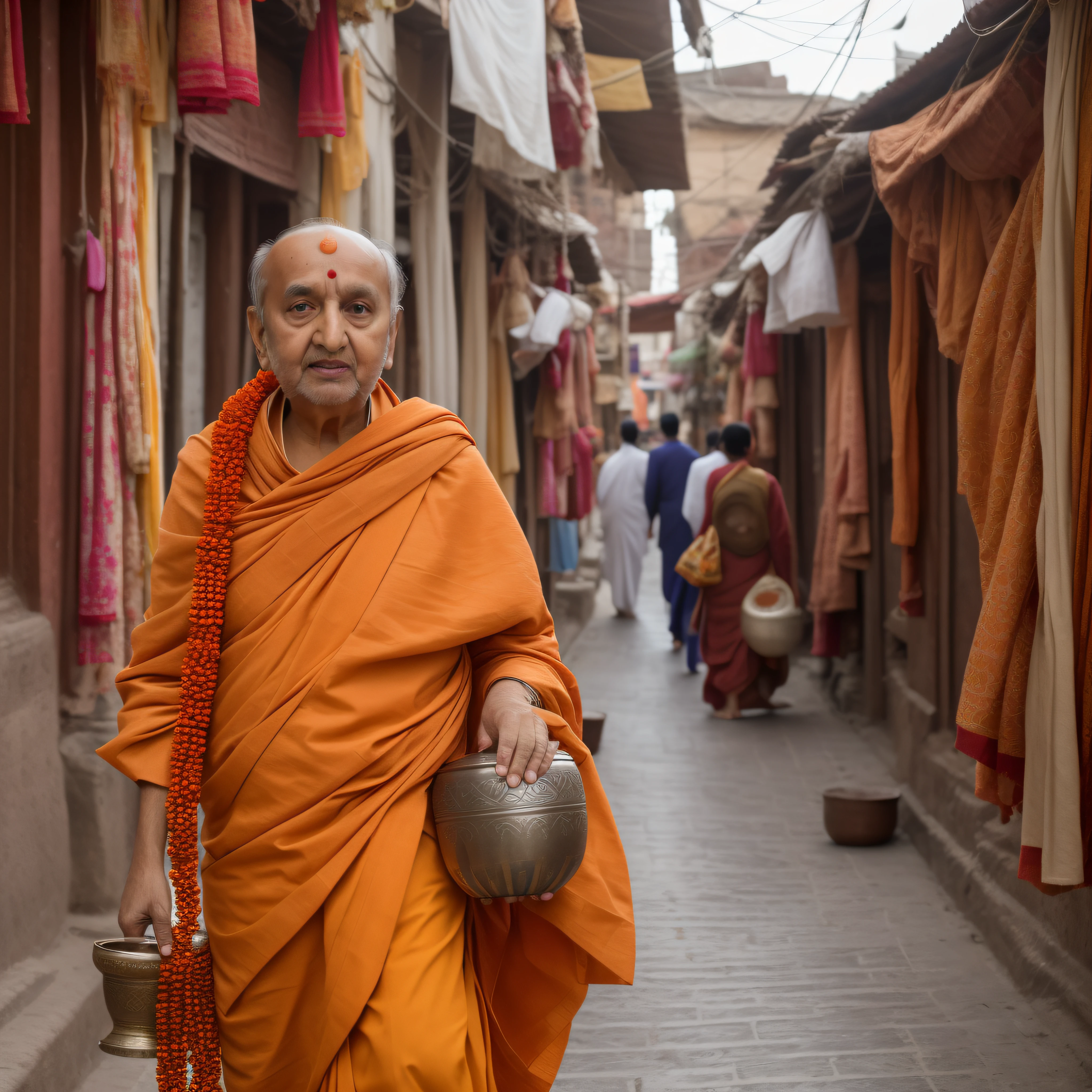 Pramukh Swami, cinematic portrait photo of a very interesting Pramukh Swami Wearing the saffron robes of a monk, Saffron clothes, Rudraksha beads, oblong water pot in hand (Kamandal), rudraksha in hand, walking in street of Banaras, eyes close up, highly detailed vfx portrait, taken with a full frame camera with a wild lens,