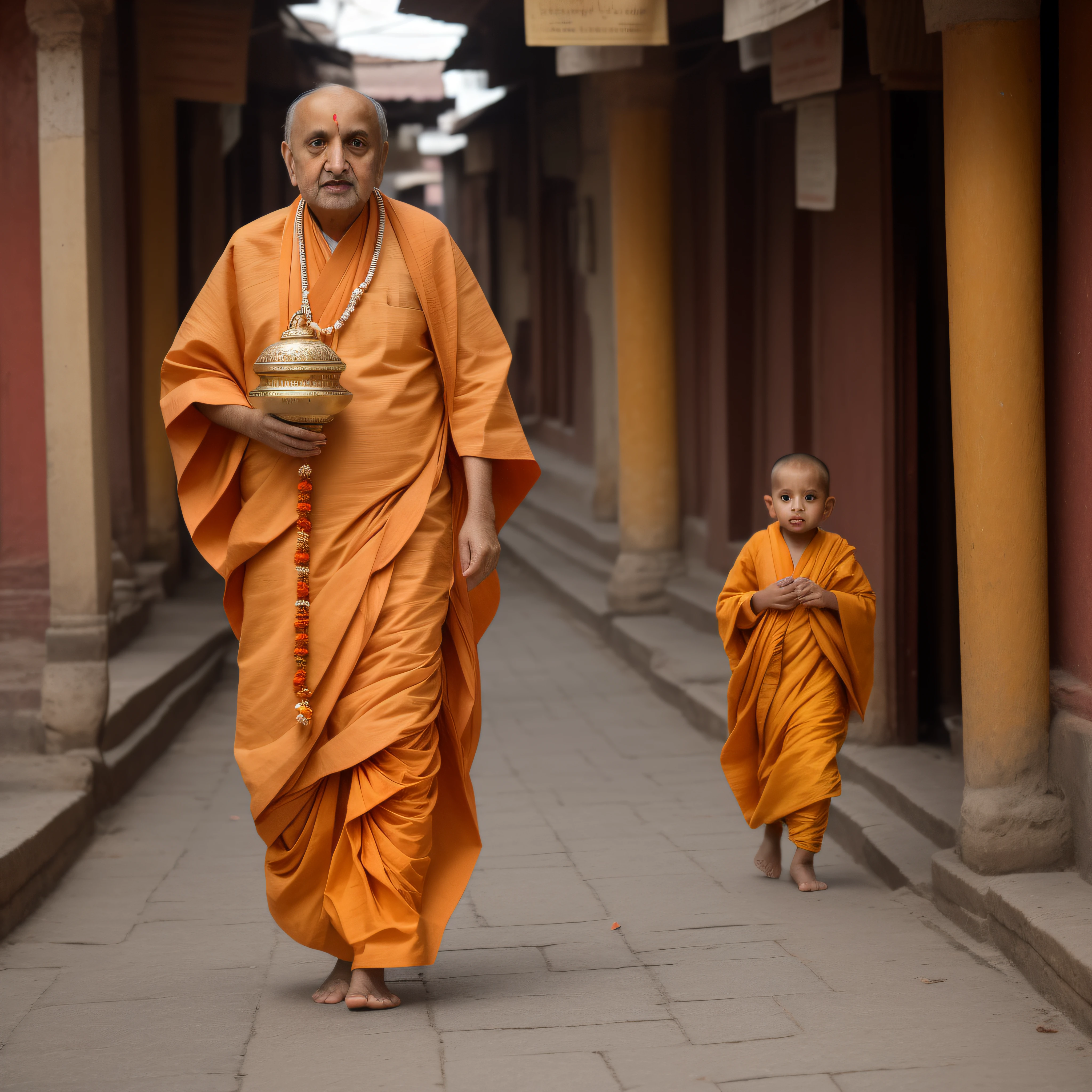 Pramukh Swami, cinematic portrait photo of a very interesting Pramukh Swami Wearing the saffron robes of a monk, Saffron clothes, Rudraksha beads, oblong water pot in hand (Kamandal), rudraksha in hand, walking in street of Banaras, eyes close up, highly detailed vfx portrait, taken with a full frame camera with a wild lens,