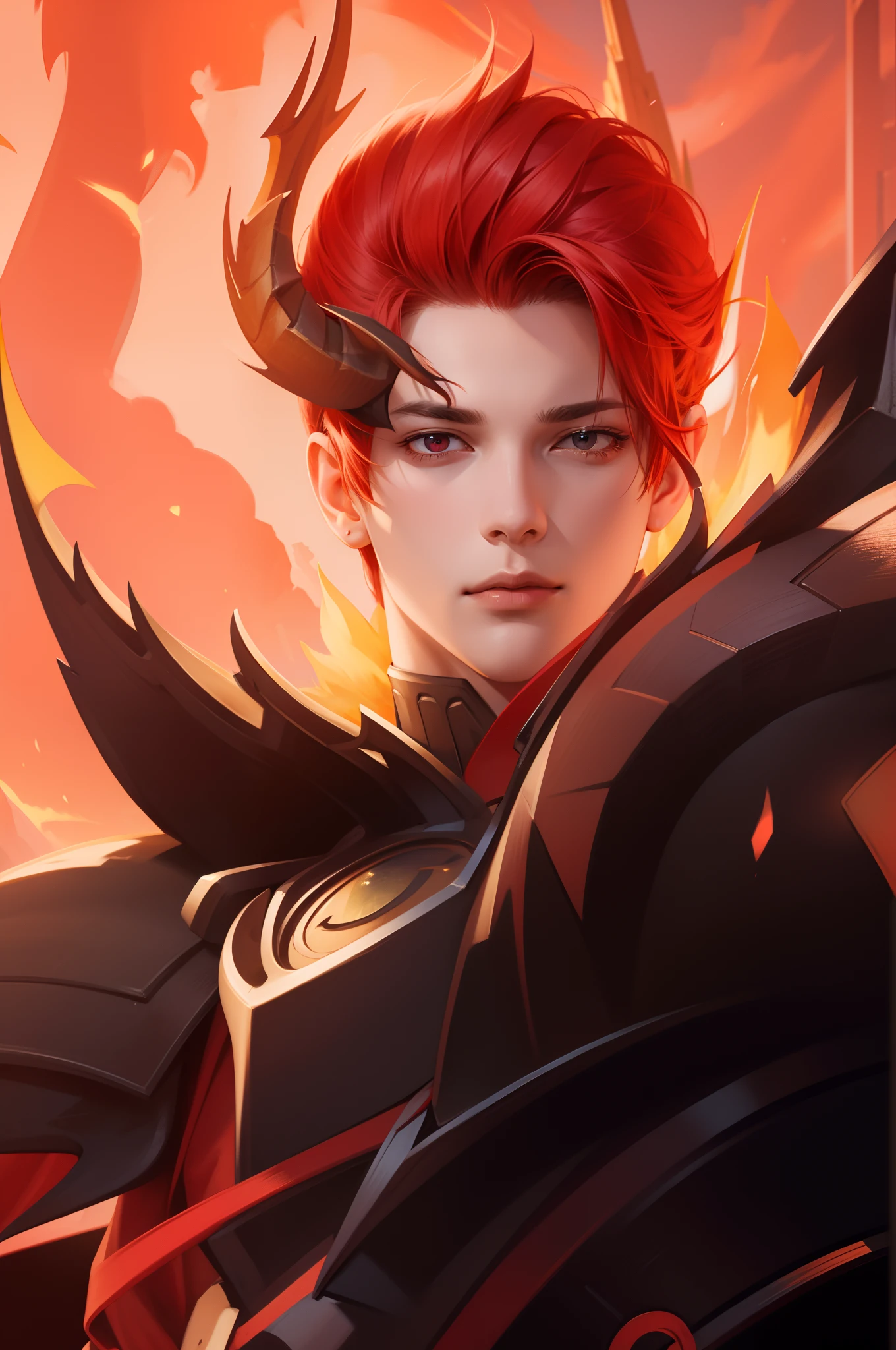 Attractive profile picture, masterpiece, ultra-precise rendering, beautiful and cool young man, trustworthy, dependable young man, simple design, most beautiful image, 4K, red hair, red eyes, dragon armor, dragon tamer.