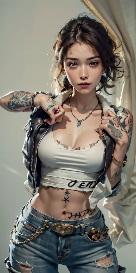 Photorealistic, high resolution, Soft light,1womanl, Solo, Hips up, (Detailed face),tattoo, jewelry, t-shirt with rough chest, B...