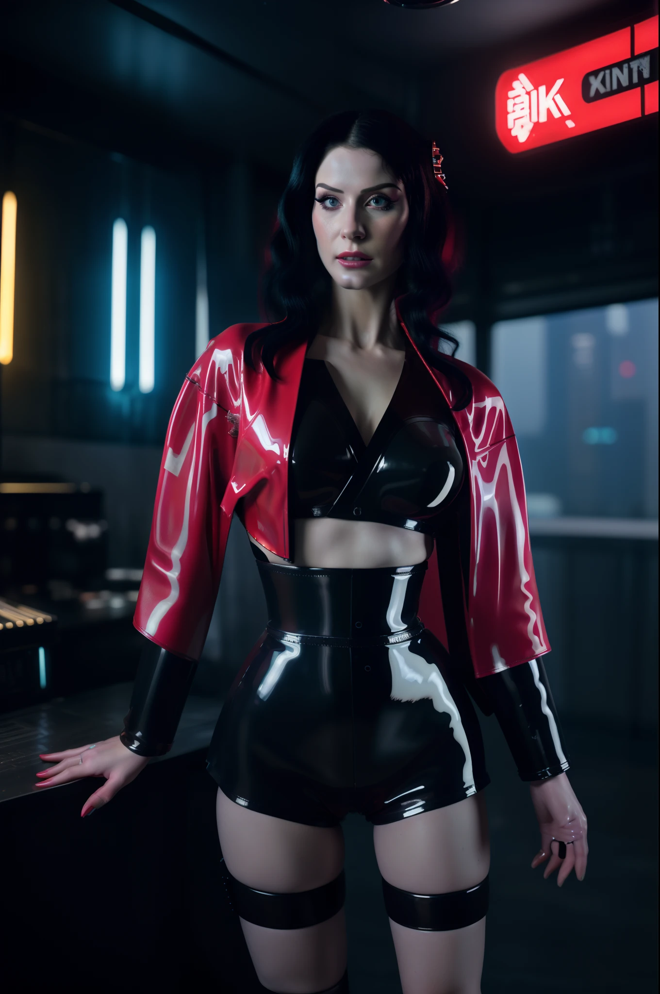 (8k, ARTISTIC photography, best quality, masterpiece: 1.2) (((Saraya))) film still of a photorealistic beautiful cyberpunk woman. in a (futuristic red latex kimono:1.5) standing at a Japanese ramen vendor in dystopian city, (edge runner, geisha):1.25, staring at the camera in front, short wet hair,((dynamic pose))) over-detailed face,, beautiful body, toned body, latex fetish, 8k uhd, SLR camera, soft lighting, high quality, film grain, Arri Alexa mini , , Cinematic lighting, octane render, mid day lighting, complex, 8k resolution concept art portrait , edgerunner, blade runner, Cyberpunk 2077, fractal isometrics details bioluminescence, hyperrealistic, photo awesome, gritty, realistic, (((pure 8K))), (((perfect anatomy))), extremely high-quality graphics, Riddley Scott, Blade Runner, Denis Villeneuve, Cyberpunk 2077, Altered carbon, (((cinematic lighting))), ((clear details)), complex, highly detailed background,