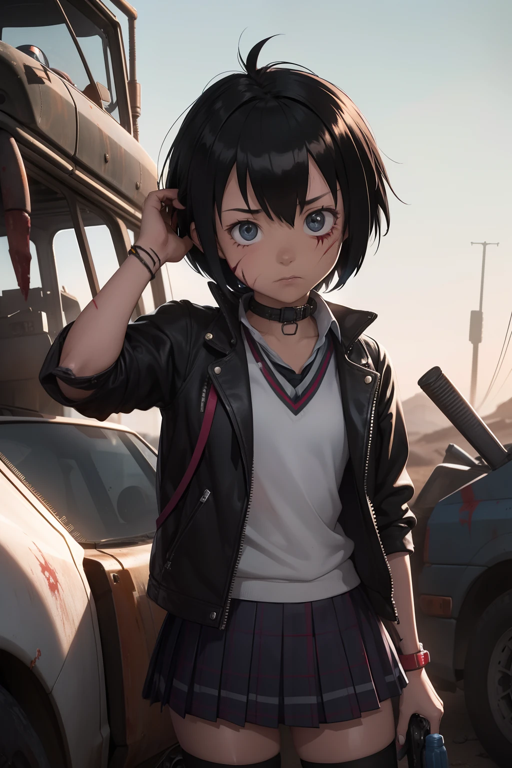 Peni Parker Post apocalyptic post apocalyptic, desert, mad max, scarred, blood on face, bruised, scars, goggles on head, goggles on head, schoolgirl uniform, leather jacket black with  outfit underneath, scars, tools, mech in back, MECH, MECH,MECH, guns on holter, tools, techy, engineer, scars, scars, scars, Peni