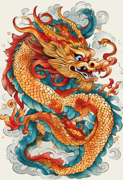 (China - Chic Chinese dragon, anatomically correct，Oriental elements),（China - chic illustration:1.5, Vector painting:1.5),(Chinese colors, senior color matching,Gradient background,White background),(Very detailed, reasonable design, Clear lines, High sha...