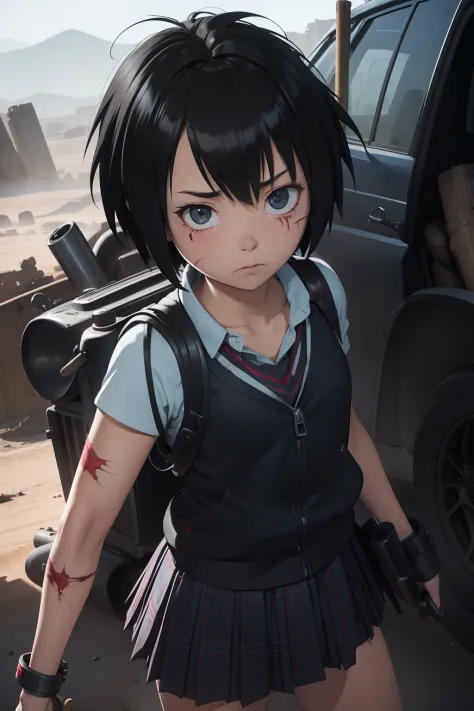 Peni Parker Post apocalyptic post apocalyptic, desert, mad max, scarred, blood on face, bruised, scars, goggles on head, goggles...