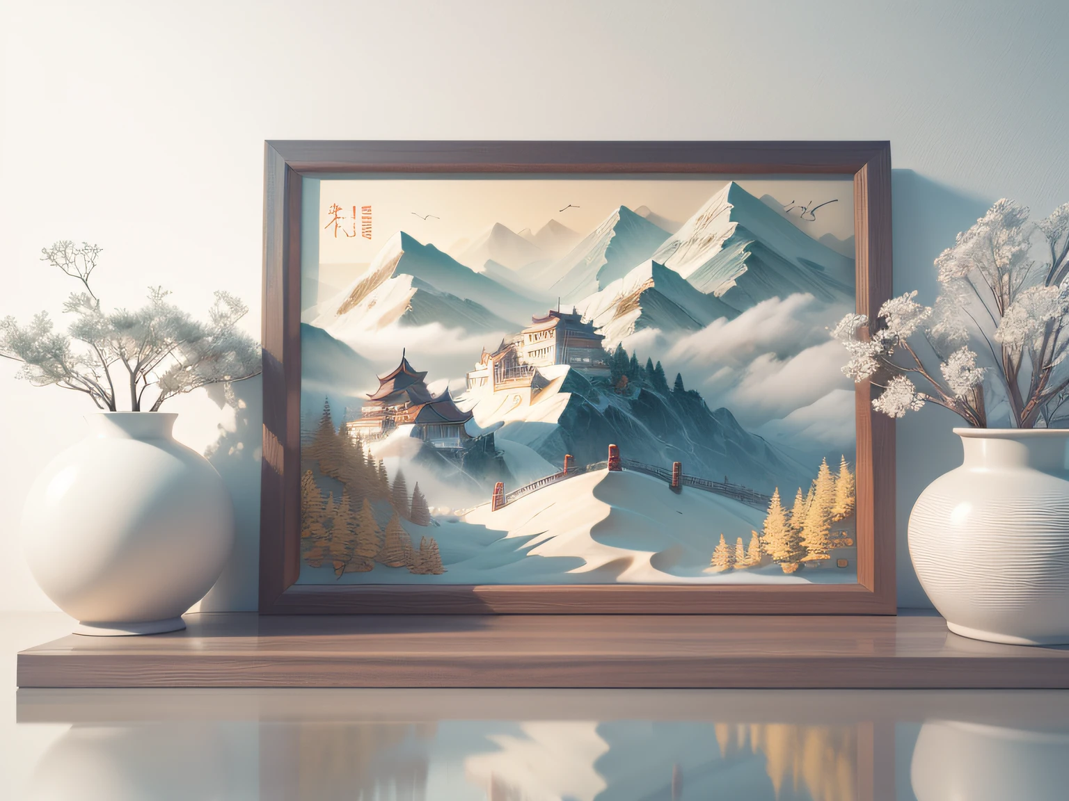 Relevo branco 3D, meticulosamente esculpido, escultura em marfim branco, ilustração chinesa em fundo branco, pastel, estilo tradicional chinês, pintura de paisagem oriental, artesanato de névoa de papel multidimensional, ilustração de papel, visão super grande angular, sonhar, 8K, romântico, Alta resolução, 8K