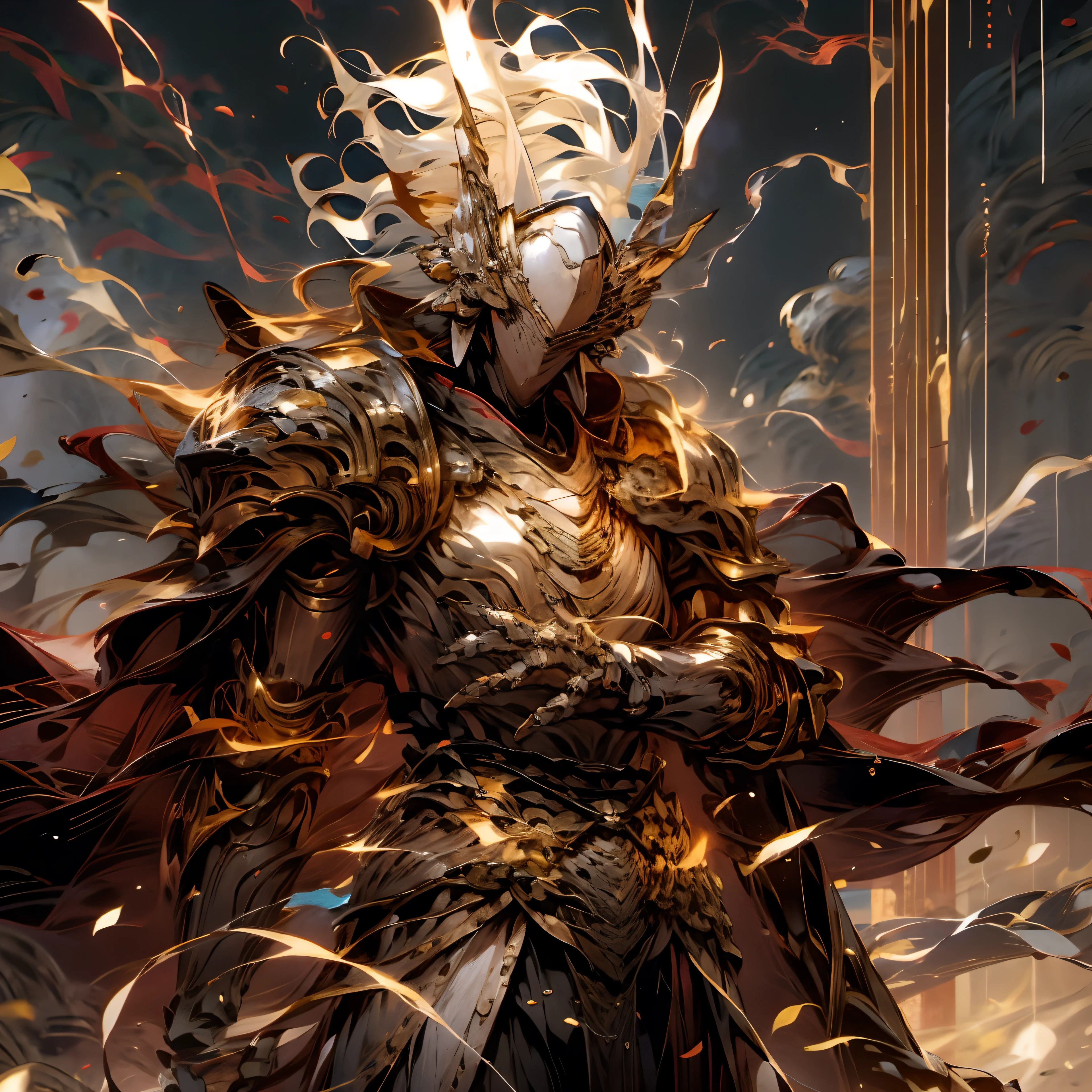 Nichimanga style, Zen ZEN, 1 man, delicate face, wearing armor, surrounded by Chinese characters, with lightning bolts on his body, a divine dragon behind his back, perfect hands, normal fingers, zen