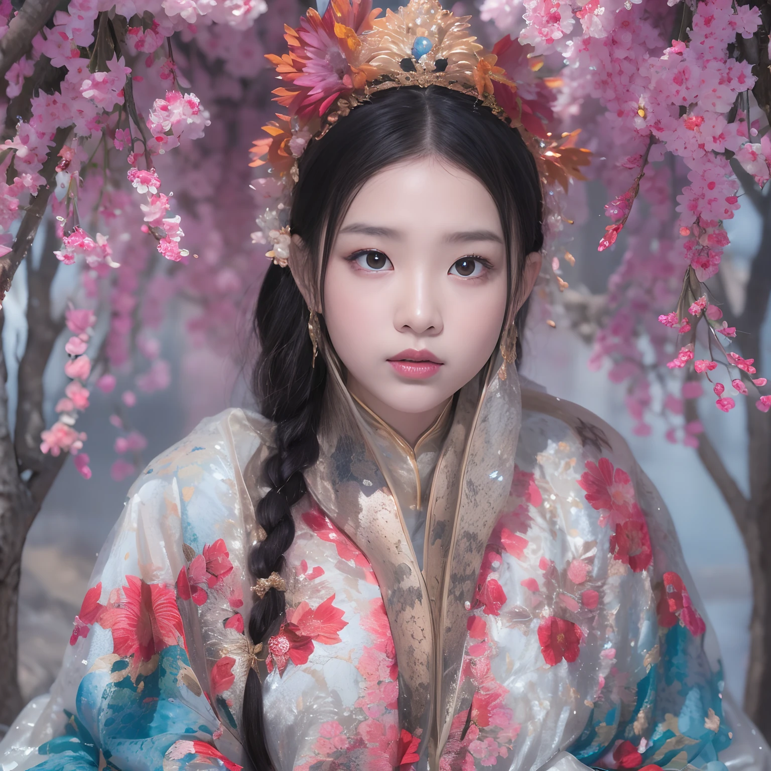 32K（tmasterpiece，k hd，hyper HD，32K），Long flowing black hair，Autumn pond ，Blue and white python protector （realisticlying：1.4），Carp pattern red robe，Purple-pink tiara，Petals flutter，The background is pure，Hold your head high，Be proud，The nostrils look at people， A high resolution， the detail， RAW photogr， Sharp Re， Nikon D850 Film Stock Photo by Jefferies Lee 4 Kodak Portra 400 Camera F1.6 shots, Rich colors, ultra-realistic vivid textures, Dramatic lighting, Unreal Engine Art Station Trend, cinestir 800，Hold your head high，Be proud，The nostrils look at people