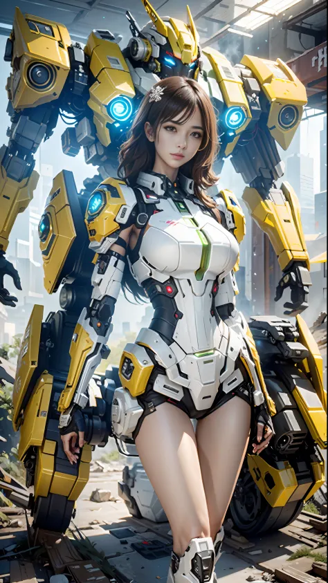 ((Best quality)), ((masterpiece)), (highly detailed:1.3), 3D,Shitu-mecha, beautiful cyberpunk women with her mecha in the ruins ...