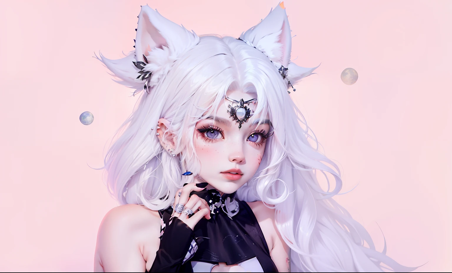 (Anthropomorphic wolf cute cub) orelhas de lobo,com jaqueta preta, olhos rosa e branco , heterocromia nos olhos ,cabelo platinado cacheados com pontas roxas,bad girl, Moon birthmark on forehead 🌕🌙,🌙, Hibrido,jovem, retrato, busto, postura de frente para a camera, Cartoon, vestido como  uma vesater roqueira metaleira dos anos 80 obra prima, postura de confiante, youtuber, fleshy lips , piercings no nariz e nas orelhas de lobo, tatuagens pelo corpo, tattoo de lua 🌙 acima dos seios,asas de anjo negro nas costas, and dark purple collar on neck, hand