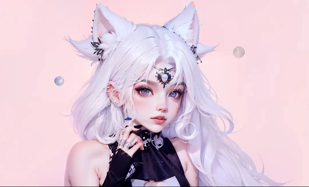 (anthropomorphic wolf cute cub) orelhas de lobo,com jaqueta preta, olhos rosa e branco , heterocromia nos olhos ,cabelo platinad...