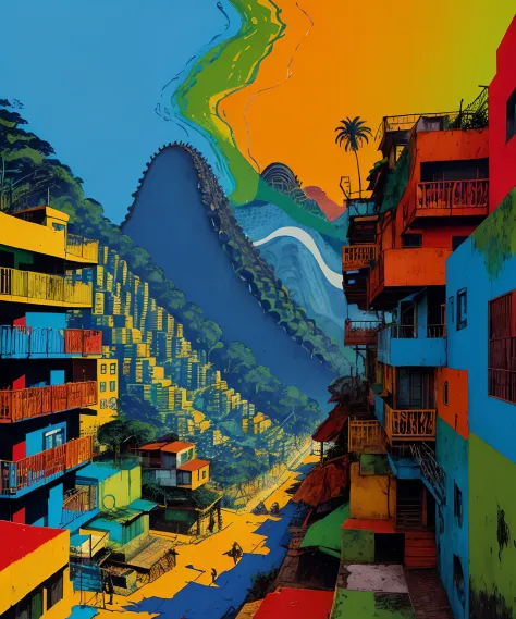 "dinossauro rex na favela do rio de janeiro, por xyzVMoscoso, estilo realista com texturas detalhadas, cores vibrantes, contrasting lighting and surrounding urban atmosphere"