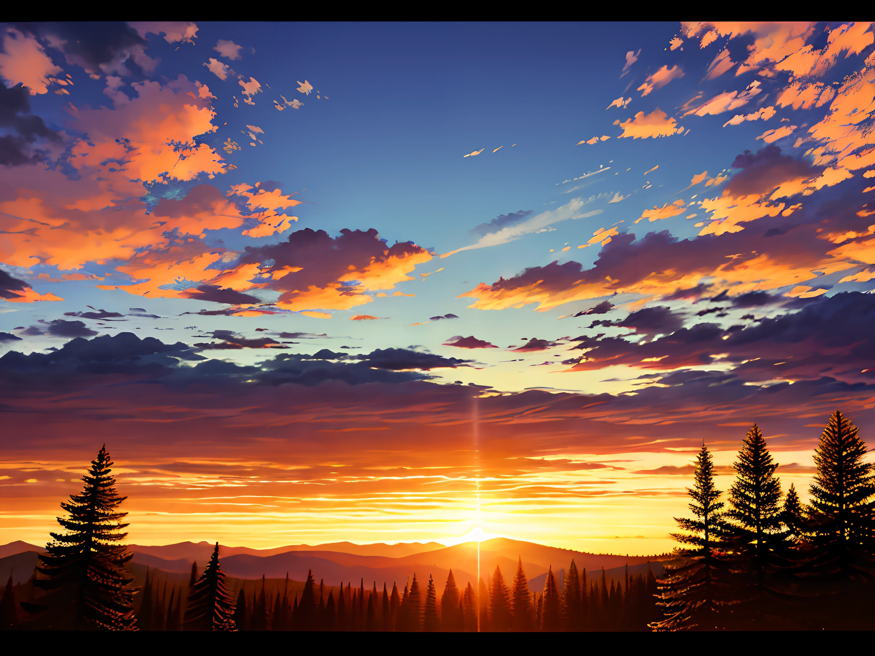 There is a picture of the sky with clouds and trees, standing in the middle of the woods looking up, looking at the sky, not splashing, aestheticism, sky setting, sky theme in the background, heaven in the background, ((sunset)), the sky outside is orange, the setting is happiness wallpaper, during sunset it is sunset, it is afternoon, miraculous cloudy background, sunset sky, sunset time, nostalgic atmosphere