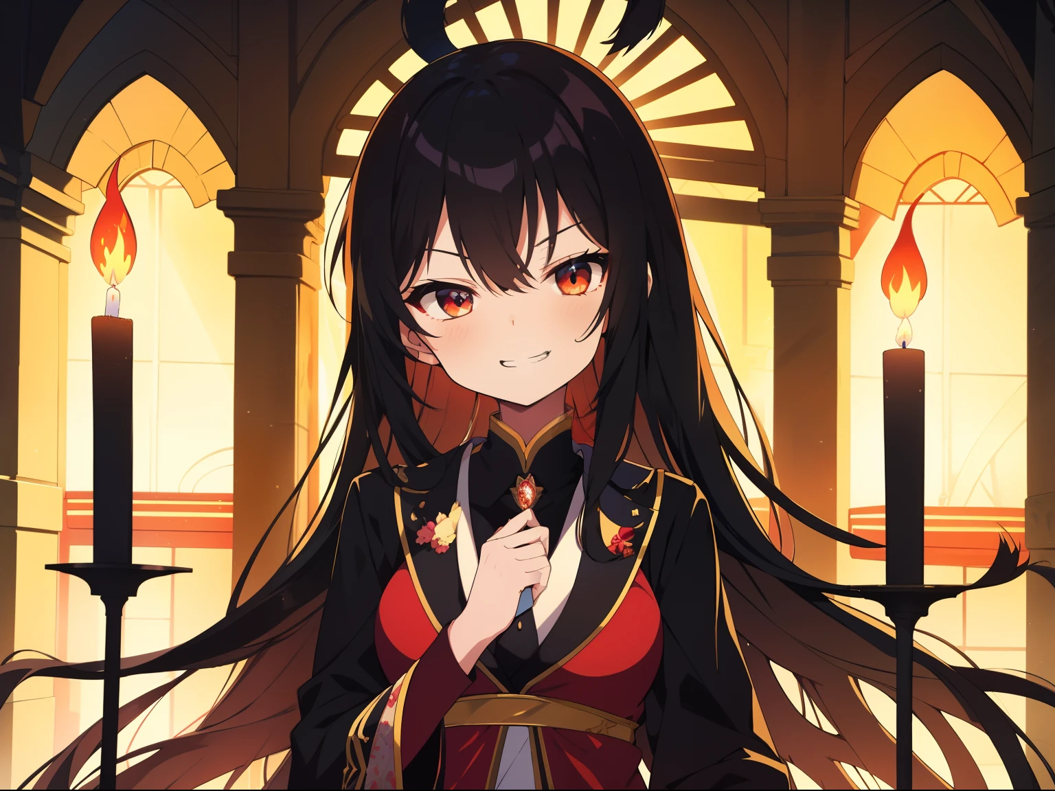 bright look，The smile is bright，Long black hair shawl。She loves to tease，And with a smug look。Wear brightly colored court costumes。Background with：Inside the magnificent palace，Candles flicker，The atmosphere seemed warm and oppressive。