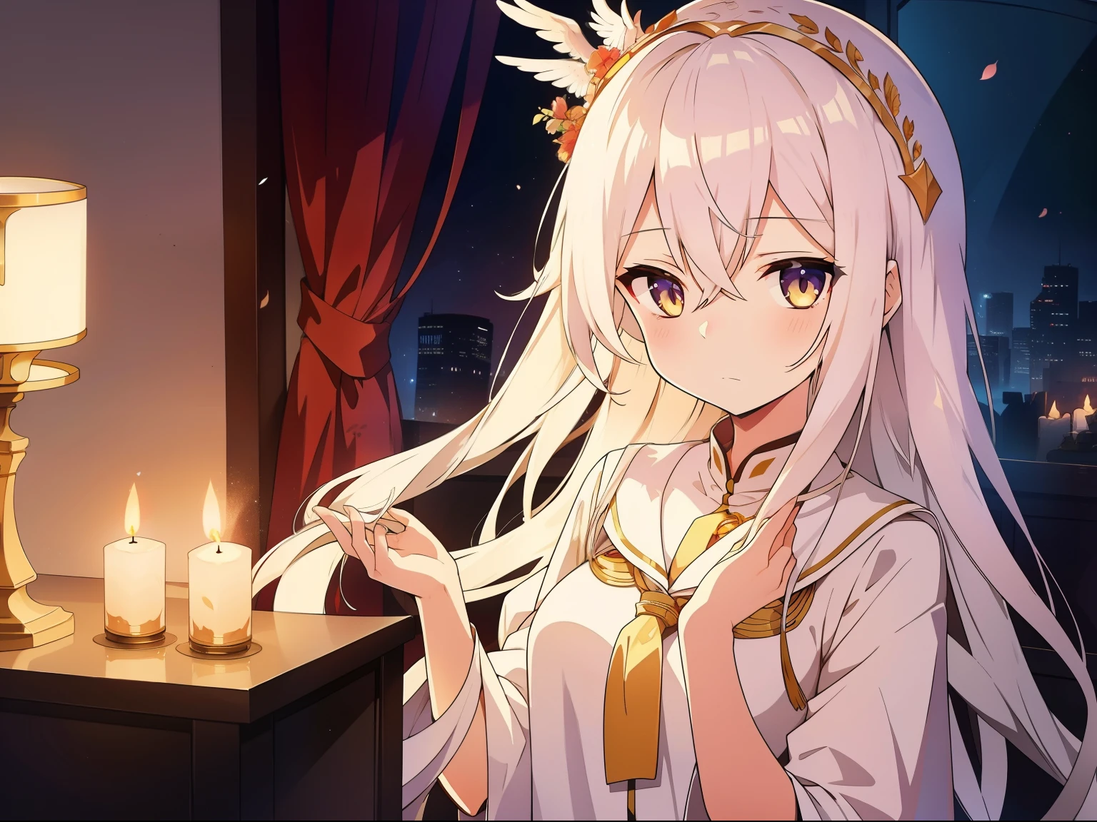 Long white hair shawl，A beautiful face，But the expression is sad，Wearing a gorgeous phoenix crown。The scene can be her dormitory，There was a candlelit atmosphere。