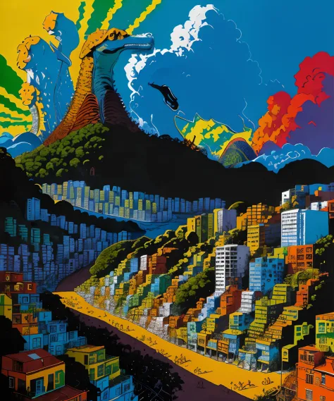 "dinossauro rex na favela do rio de janeiro, por XYZVMoscoso, estilo realista com texturas detalhadas, cores vibrantes, contrasting lighting and surrounding urban atmosphere"