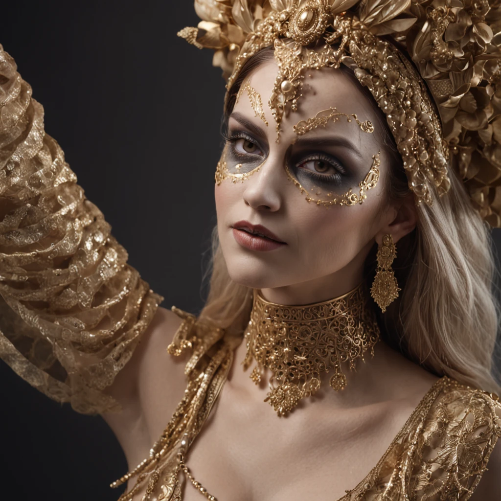 The woman wears gold and gold makeup,The style of the skull pattern,Covered with luxurious jewelry, jewelry, luxury goods, Dark white and dark bronze, Jewelry for painters and sculptors,High details,Realistic,hyper intricate details, 8K, Cinematic lighting, Cinematic