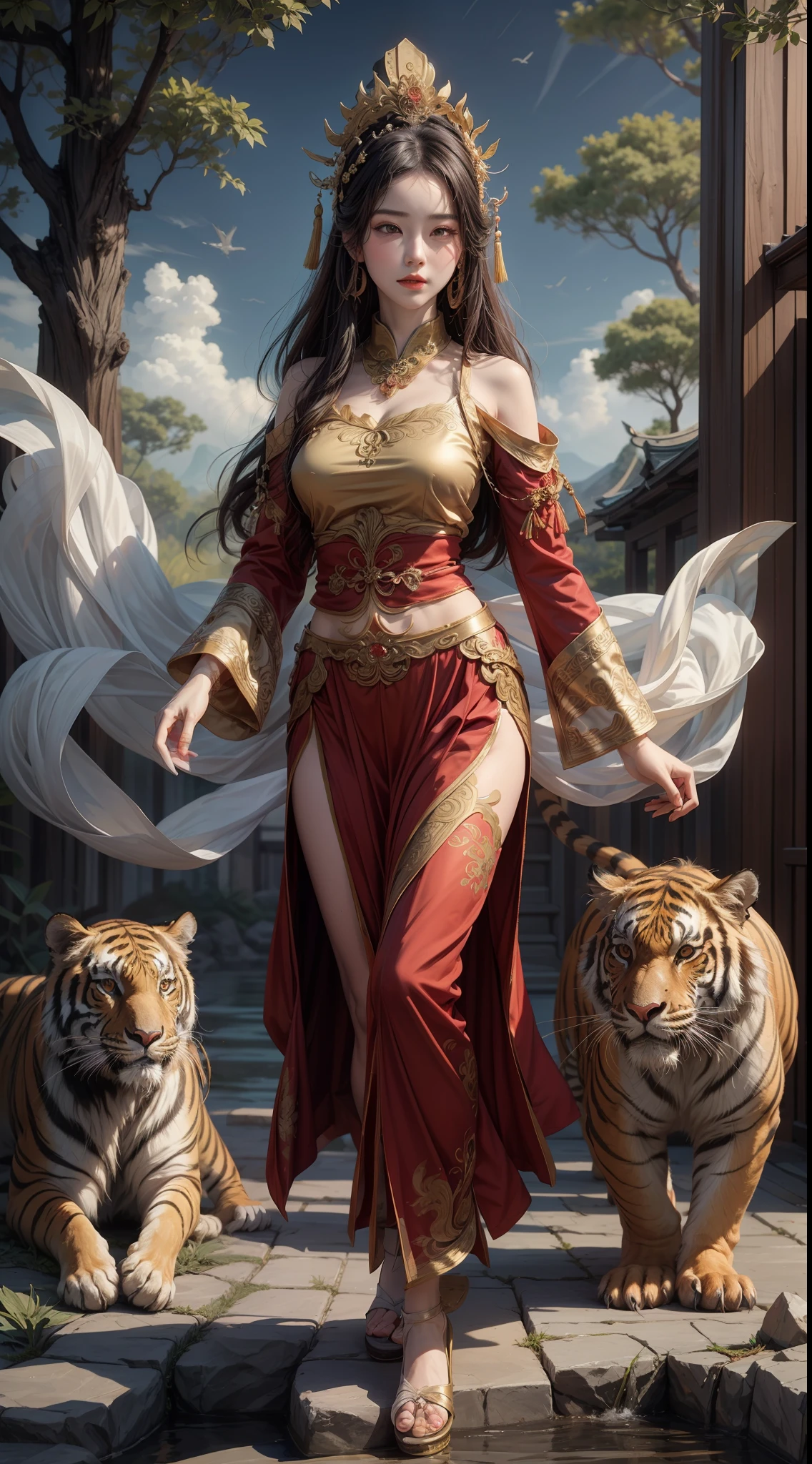 an ancient Chinese goddess, guanyin of the southern seas, Guanyin, Inspired by China, Avalokiteshvara rides a tiger，,Serene expression,shui mo hua,Buddha,Buddhist,Lotus,Chinese painting style,Thangka style, scenary, masterpiece