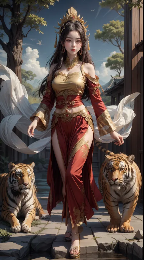 an ancient Chinese goddess, guanyin of the southern seas, Guanyin, Inspired by China, Avalokiteshvara rides a tiger，,Serene expr...