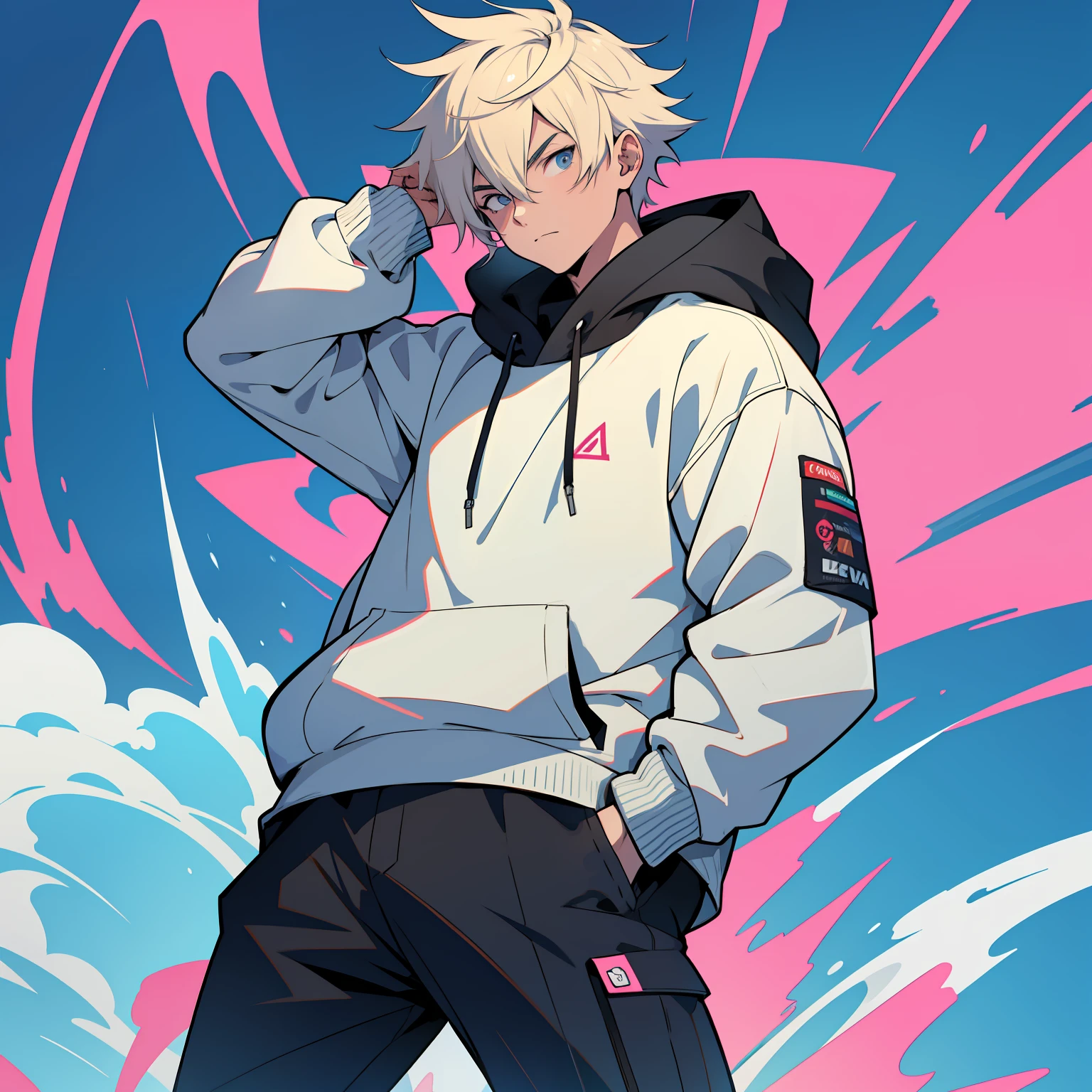 Anime guy in a hoodie standing in front of a pink and blue background -  SeaArt AI