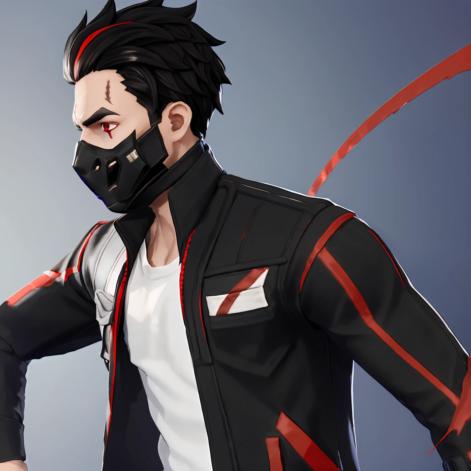 Anime Character , black hair , pushed back haircut , have a black jacket over a white shirt , red eyes , have a black ClothMask , ( black jacket and white shirt ) , ( pushed back hair cut ) , (masterpiece)